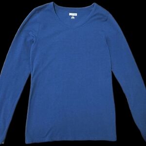 Duluth Trading Co No Yank Long Sleeve V Neck Shirt Deep Lake Blue Womens Size Sm